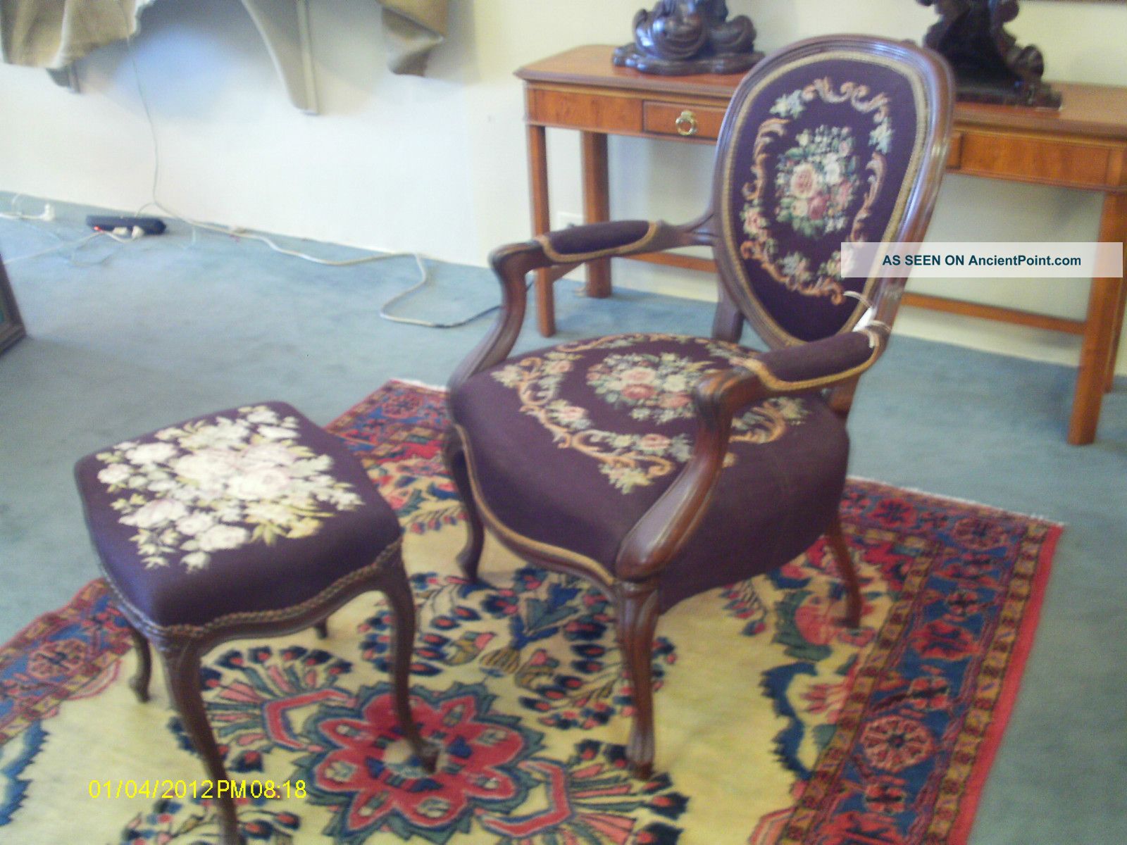 Wow Charming Antique French Needlepoint Chair With Matching Ottoman 1900-1950 photo