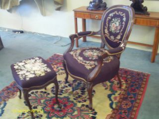 Wow Charming Antique French Needlepoint Chair With Matching Ottoman photo