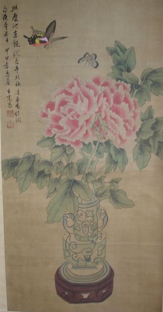 Chinese Painting Hanging Scroll With Butterflies & Flowers photo