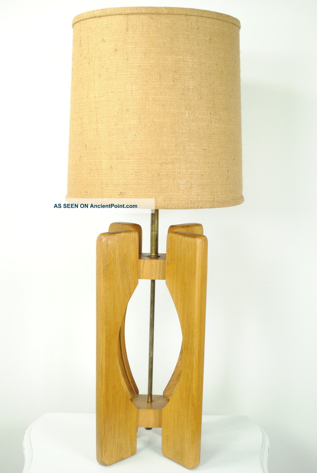 Mid Century Danish Modern Wood Lamp Burlap Shade Panton Era Mid-Century Modernism photo