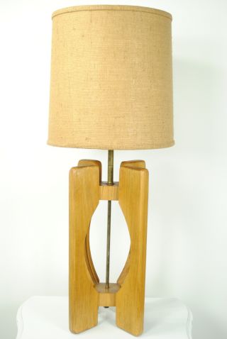 Mid Century Danish Modern Wood Lamp Burlap Shade Panton Era photo