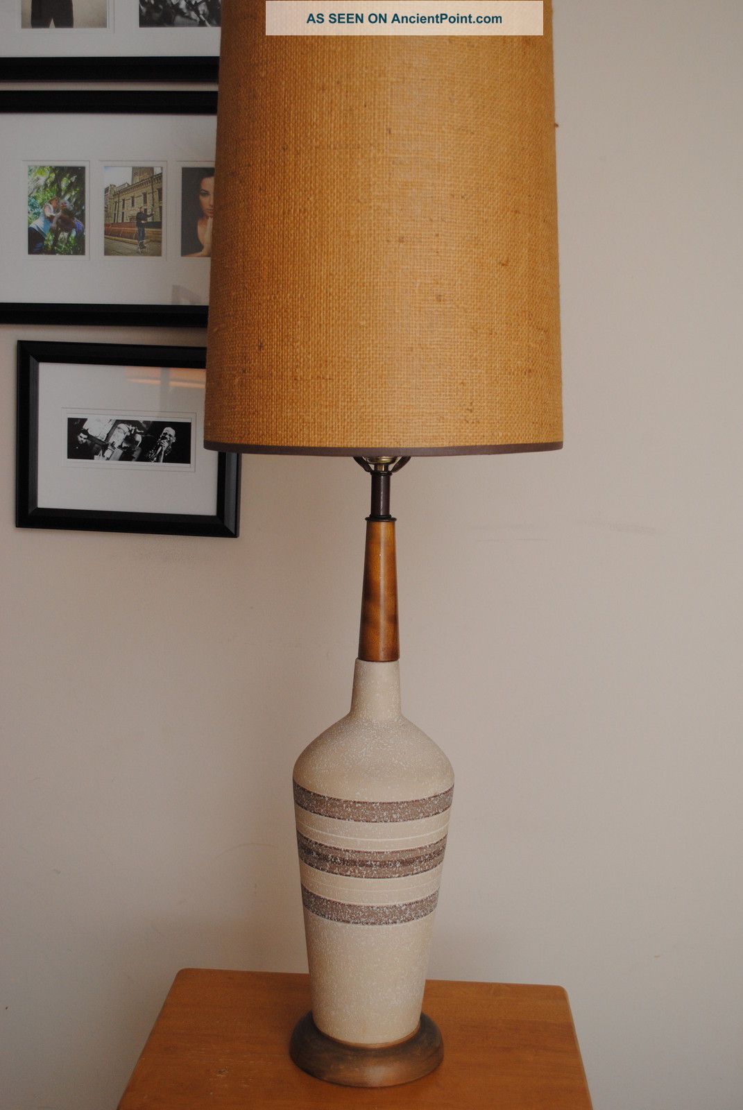 Mid Century Modern 1960s Art Texture Pottery Ceramic Lamp Burlap Shade Mid-Century Modernism photo