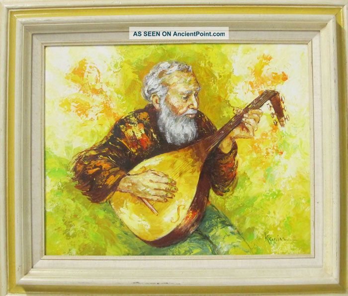 Oil On Canvas Painting Old Man Playing Lute Bright &colorful Karim Yqz String photo
