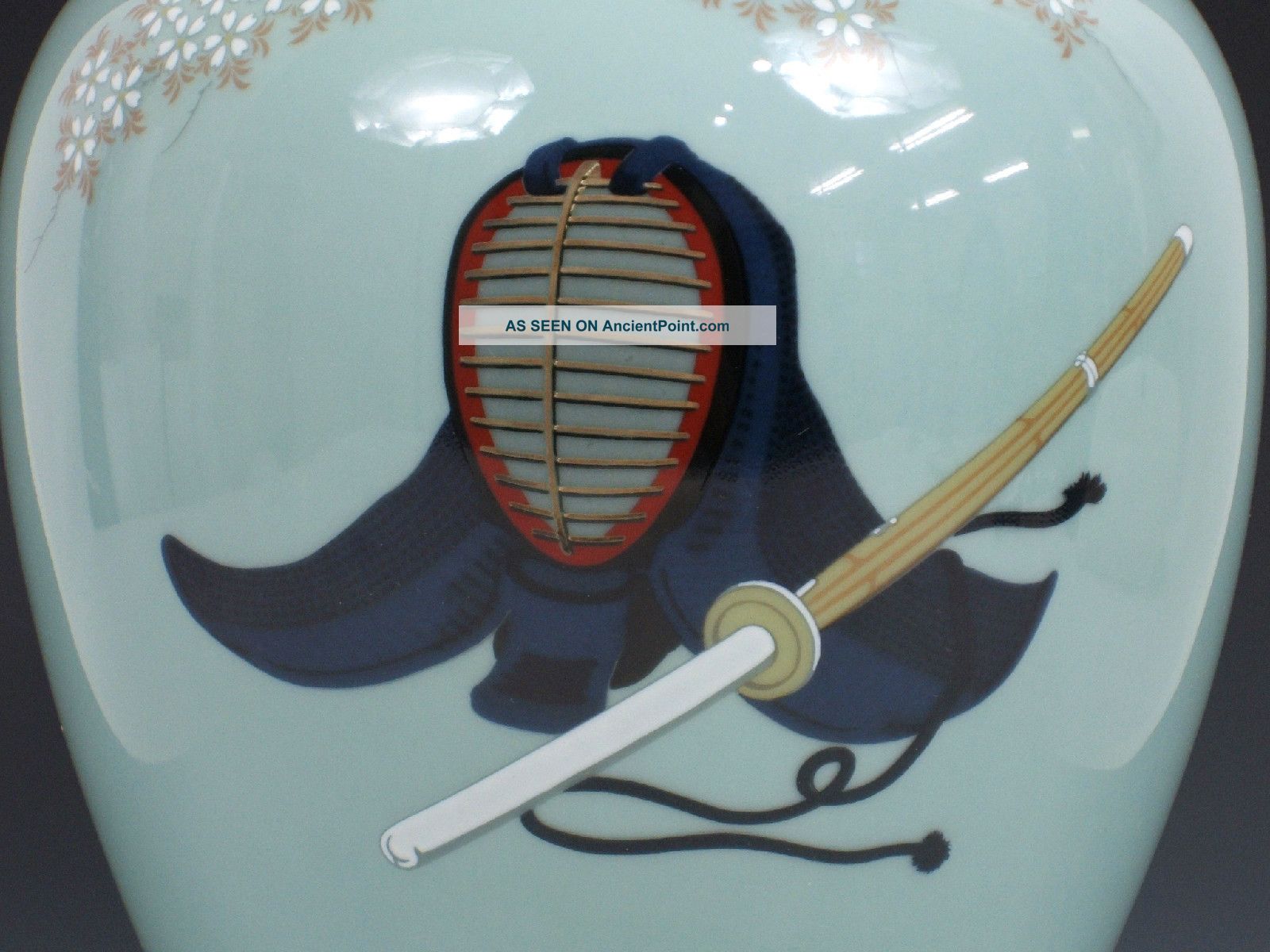 Vtg Large Japanese Kendo Helmet Shinai Sakura Ceramic Vase Samurai Sword Ikebana Vases photo