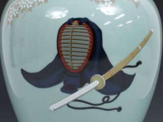 Vtg Large Japanese Kendo Helmet Shinai Sakura Ceramic Vase Samurai Sword Ikebana photo