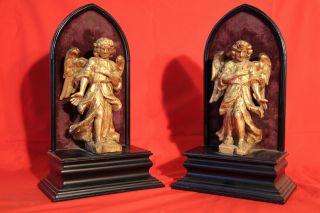 Rare Antique Gothic 17th Century Carved Gilt Angels Statues Sculptures photo