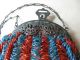Antique Victorian Art Nouveau Filigree Frame Aqua Blue Ruby Red Beaded Purse Victorian photo 9