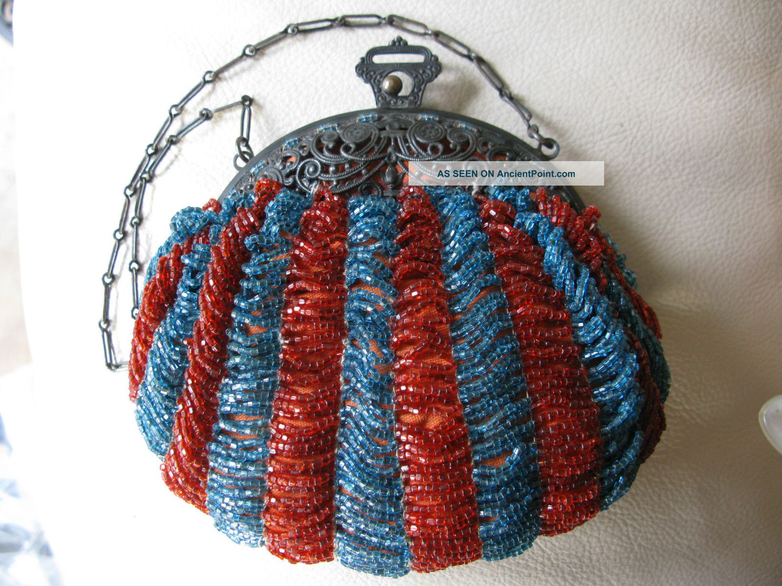 Antique Victorian Art Nouveau Filigree Frame Aqua Blue Ruby Red Beaded Purse Victorian photo