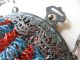 Antique Victorian Art Nouveau Filigree Frame Aqua Blue Ruby Red Beaded Purse Victorian photo 4