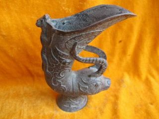Chinese Bronze Pot Wine Cup Ox Shape Drinking Vessel Visual Old Antique photo
