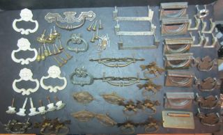 Antique Vintage Furniture Hardware Drawer Pulls 65 Pieces Tarnished Aged photo