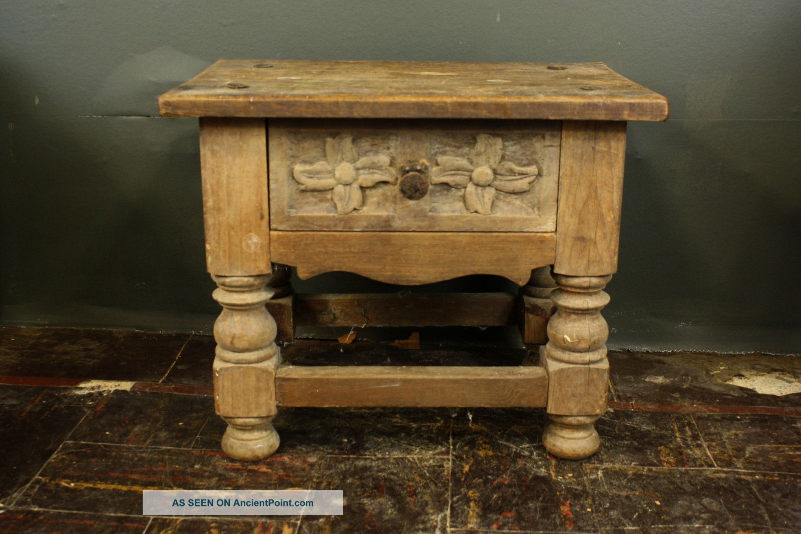 A Fantasic Little Primitive Carved Wooden Accent Side Table Antique Wood Table Primitives photo