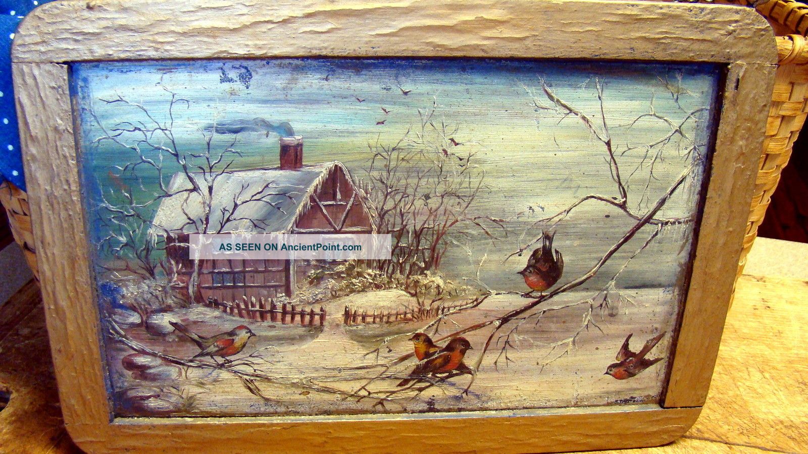 19th C.  Child ' S Slate Old Painted Snow Scene Birds Madison Ga Estate Primitives photo