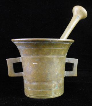 Great Antique Brass Apothecaries Mortar & Pestle photo