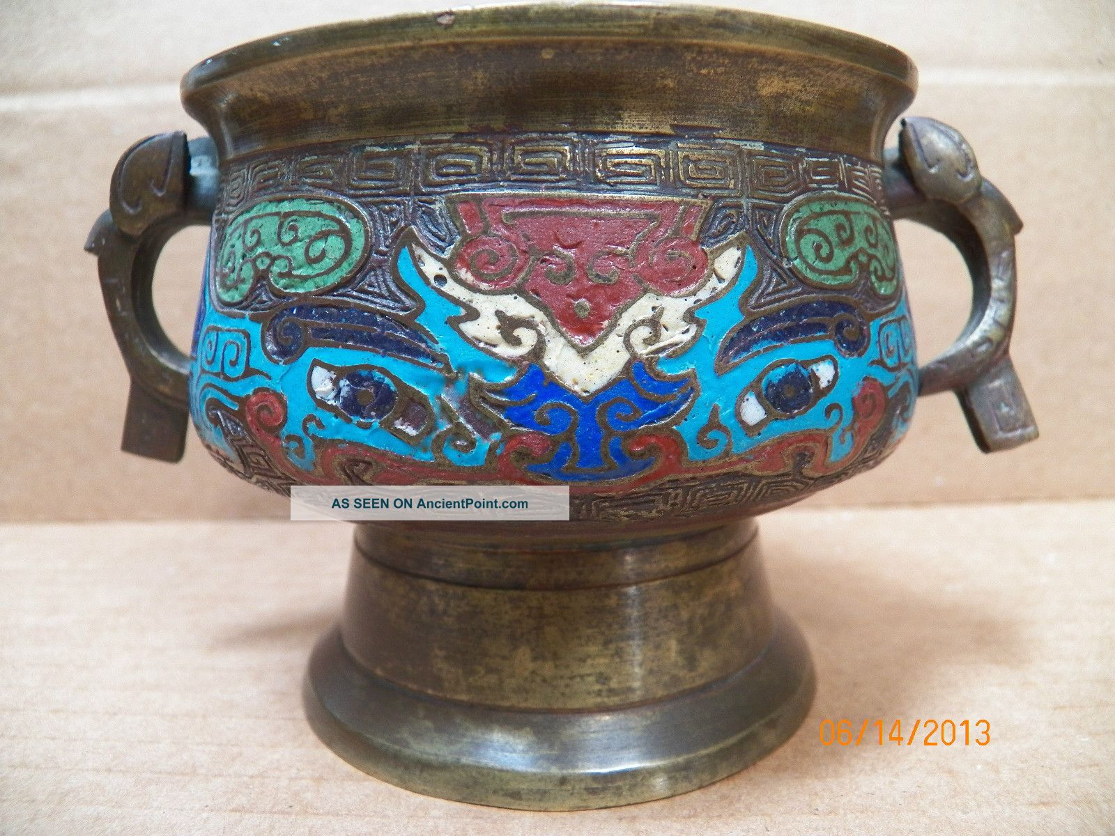 Antique Bronze Enamel Cloisonne Signed Elephant Handle Chinese Censer Bowl Cup Bowls photo