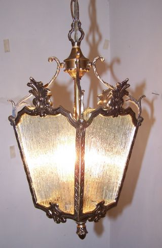 Vtg.  Solid Bronze Acanthus Leaf Lantern Chandelier Ice Glass Pattern Fixture photo