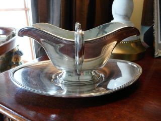 Pre 1958 Lawrence Smith Co Silver Hvy 2 Handle Sauce Boat & Underplate Boston photo