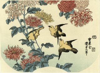 Kunisada Japanese Ukiyo - E Woodblock Print: Chrysanthemum And Orioles photo