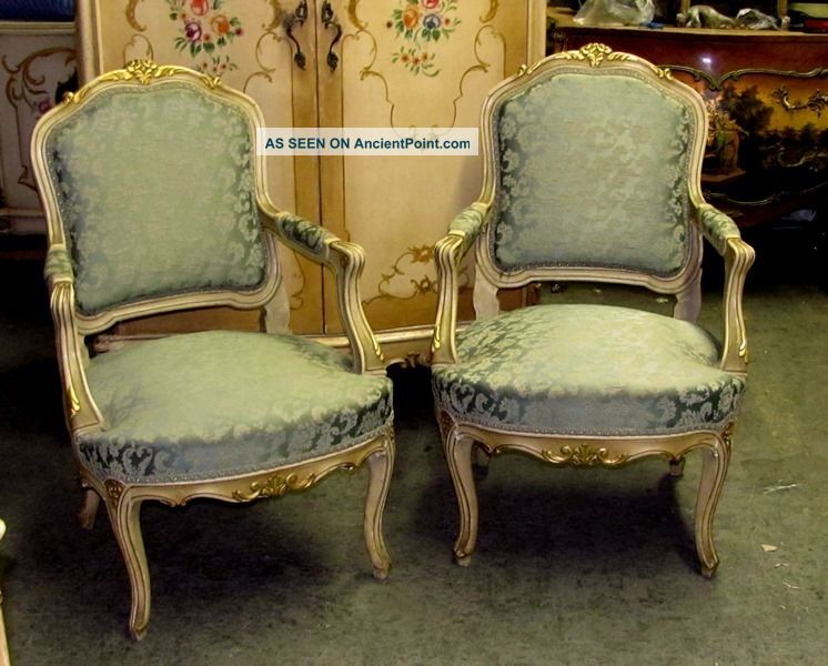Stunning Chic Cottage Painted Gilt French Louis Xv Fauteuils Arm Chairs 1900-1950 photo