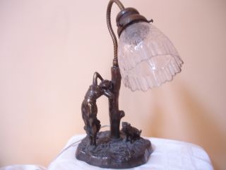 Art Deco Vtg French Spelter Girl & Dog Figural Table Lamp W/ Etched Glass Shade photo