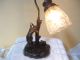 Art Deco Vtg French Spelter Girl & Dog Figural Table Lamp W/ Etched Glass Shade Chandeliers, Fixtures, Sconces photo 1