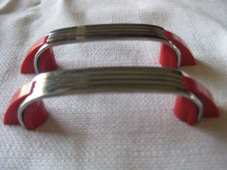 2 Vtg Chrome Drawer Pulls Red Bakelite Art Deco Amerock 4 - 1/4 