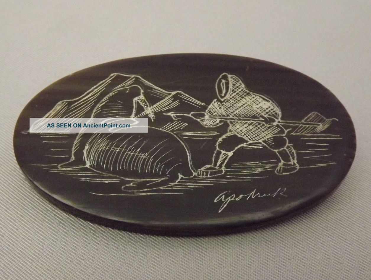 Old Vintage Baleen Scrimshaw Pin / Brooch Signed By Eskimo Artist,  Harry Apodruk Scrimshaws photo