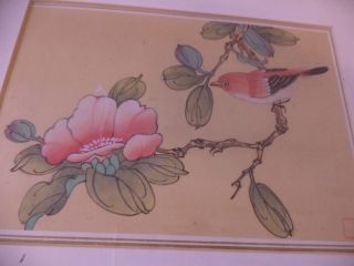 Ps45 Framed Chinese Water Color Painted On Silk Bird Flower Sealed 12.  5 X10.  5 