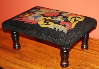 Antique Wooden Foot Stool With Folksy Needlepoint Cushion; Vintage Footstool photo