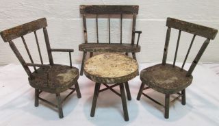 Antique 1800s Miniature Shaker Furniture Chairs Table Deacons Bench Paint Doll photo