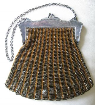 Antique Victorian G Silver Fame Hand Crochet Knit Iridescent Copper Bead Purse photo