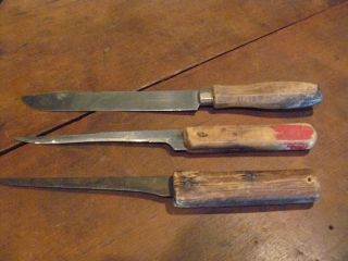 Grouping Of 3 Old Vinatge Primitive Kitchen Knives Well photo