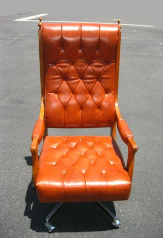 Vintage Danish Mid Century Orangetufted Office Swivel Chair Vinyl Finial Castors photo