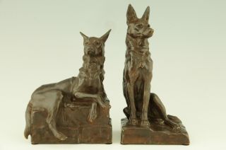 Pair Of Bronze German Shepherd Dog Bookends By Maximilien Fiot,  France 1910. photo