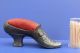 Early 1900’s Lady’s Heeled Pewter Shoe - Sawdust Filled Red Pincushion Pin Cushions photo 2