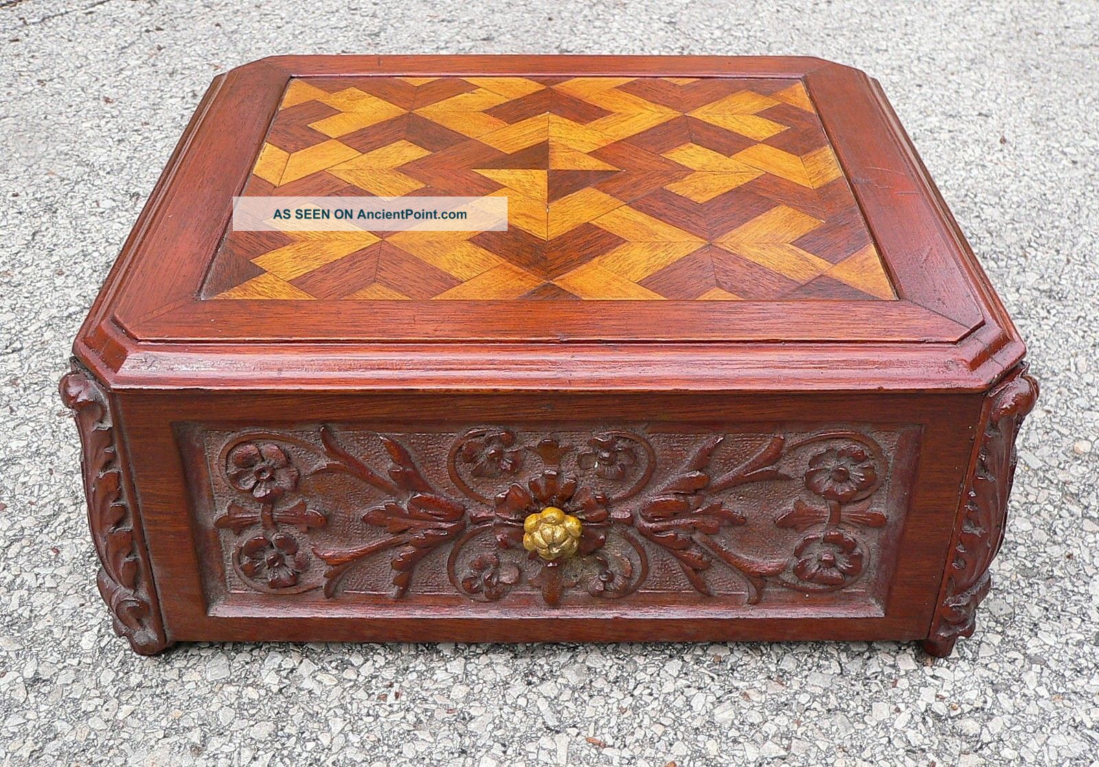 Gorgeous Antique Carved Mahogany W Inlaid Top Wood Sewing Box Boxes photo