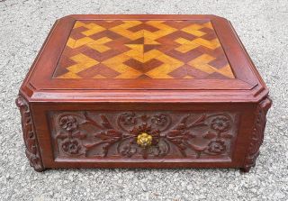 Gorgeous Antique Carved Mahogany W Inlaid Top Wood Sewing Box photo