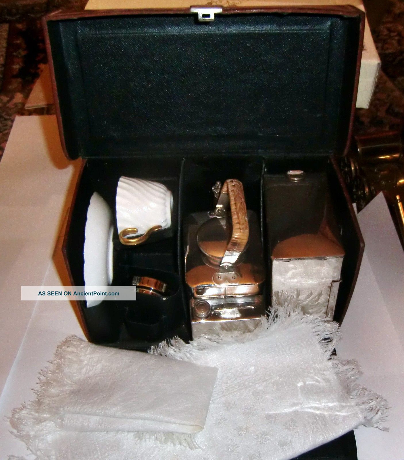 1930s Cased Travelling Spirit Kettle & Burner Car Set In Leather Case Art Deco photo