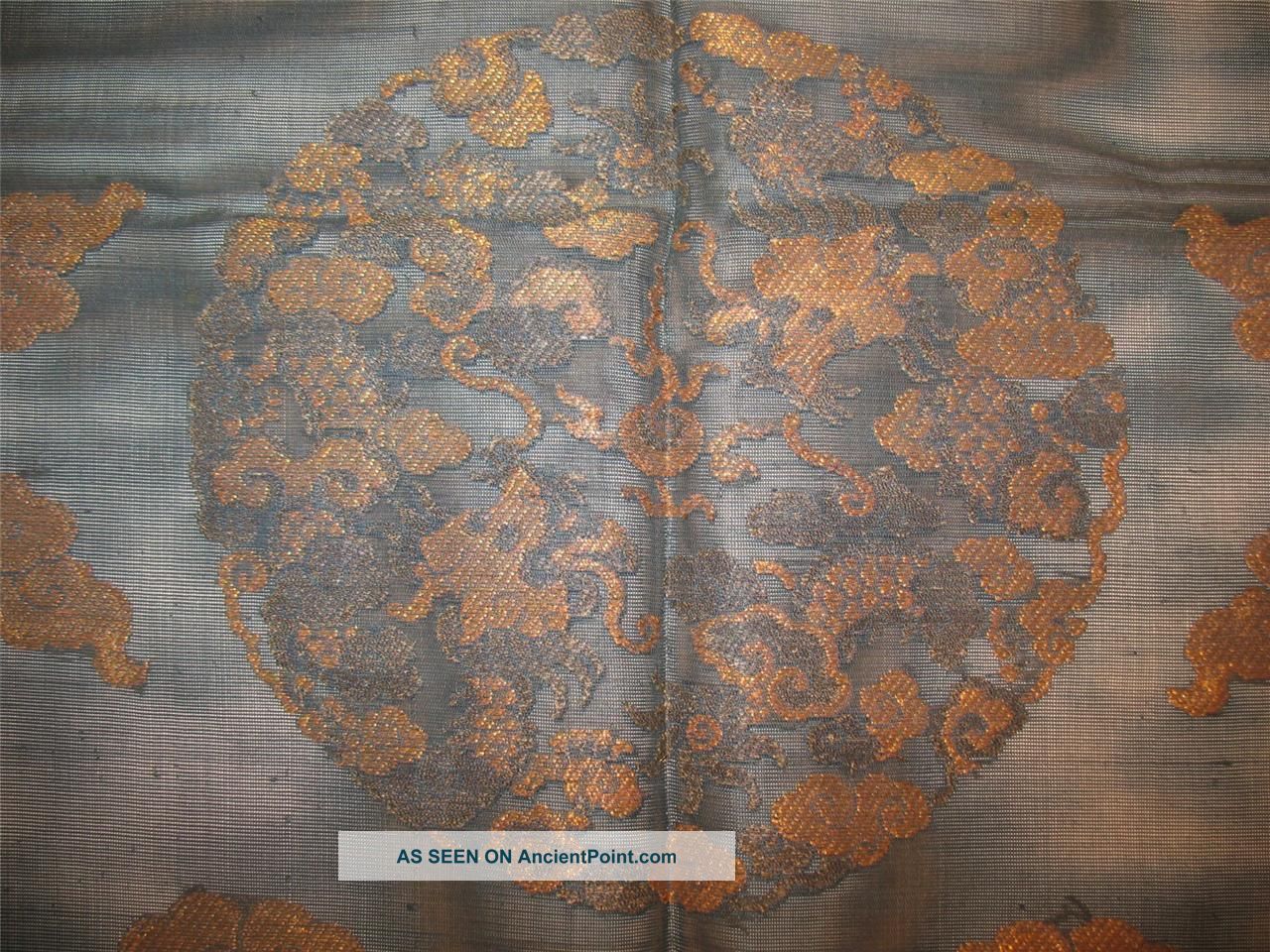 Rare Antique Chinese Blue Gauze Panel Brocade Woven Golden Dragon Roundels Robes & Textiles photo