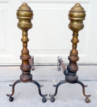 Antique Old Federal Period American Brass Fireplace Set Pair Of 2 Two Andirons photo