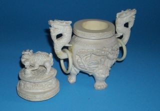 Vintage Chinese Faux Ivory Bone Highly Carved Lidded Incense Ink Pot Dragon photo