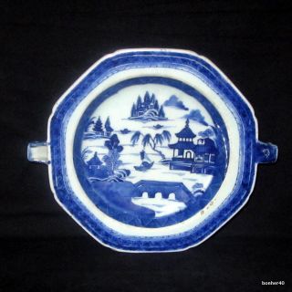 Antique Blue White 18thc Chinese Porcelain Pagoda Decorated Hot Water Plate photo