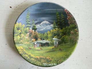 Antique Vintage Hand Painted Metal Bowl Signed Folk Art Rustic Forest Cottage photo