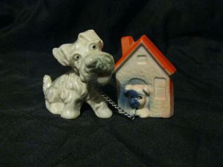 Antique Porcelain Terrier Dog Chained To Pup In Dog House Figurine (japan) photo
