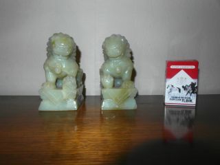Hand Carved Pair Chinese Vintage 1940s Foo Dogs Jadeite Jade Statues Bookends photo
