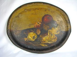 Antique Primitive Still Life Oil Painting On A Large Tin Tray photo