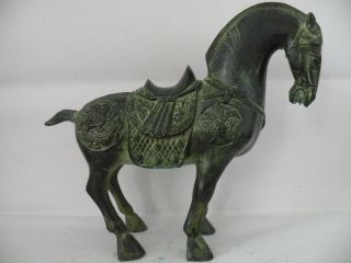 Old Chinese Bronze Horse Statue Carved With Dragon & Phoenix,  24.  5 Cm X 26 Cm photo
