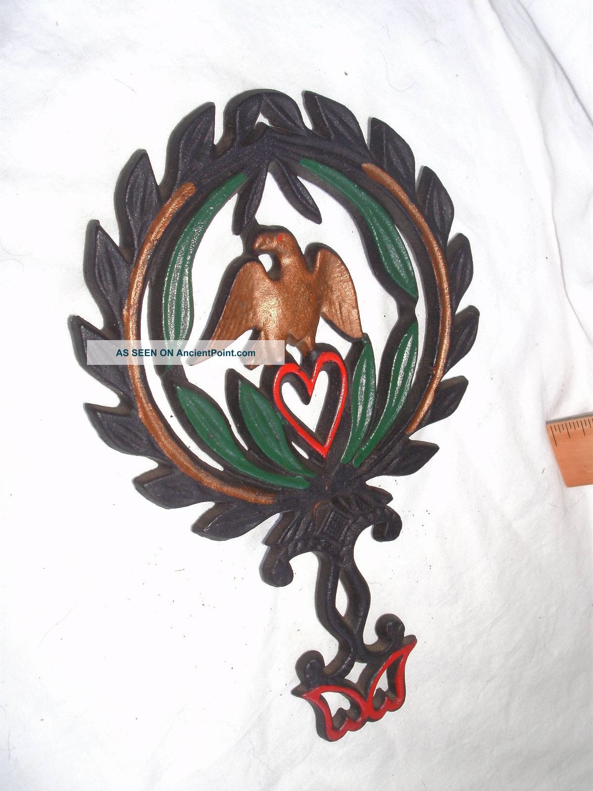 Old Cast Iron Trivet W/painted Hearts - Eagle - Leaves Stamped J.  Z.  H 1949 Trivets photo