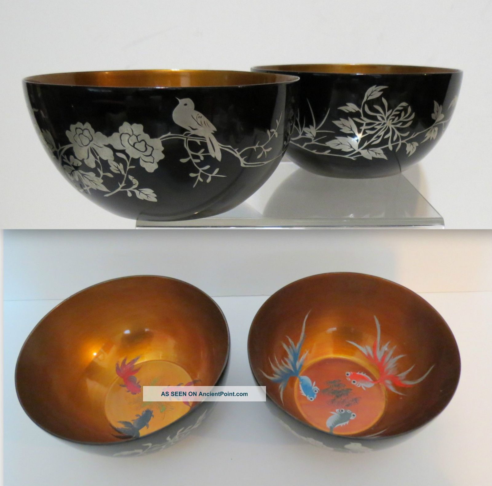 Pair Antique Japanese Lacquer And Silver Inlay Bowls Koi Fish Interior Bowls photo