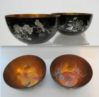 Pair Antique Japanese Lacquer And Silver Inlay Bowls Koi Fish Interior photo